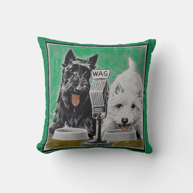 Coussin Chiens écossais Blackie et Whitie à la radio (Recto)