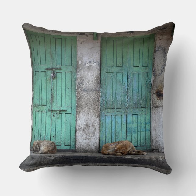 Coussin Chiens égarés devant le carreau vert de portes (Recto)