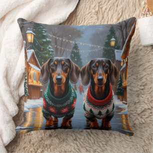 Coussin Chiens Teckel Noël Neige Fêtes