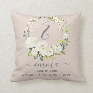 Coussin Chiffres de naissance Bébé Rose Blanc Rose Fleur C