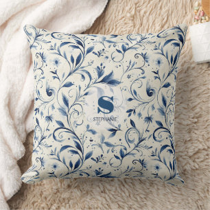 Coussin Chinoiserie aquarelle bleue vigne et fleurs