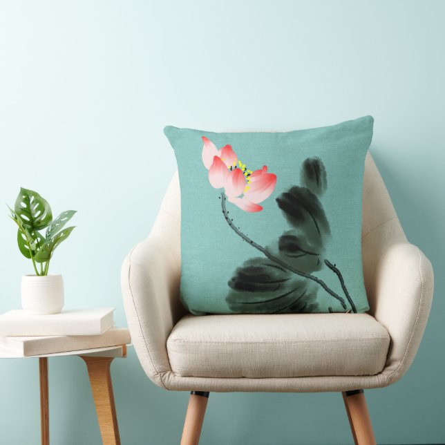 Coussin Chinoiserie Aquarelle peinture Lotus Floral (Chaise)
