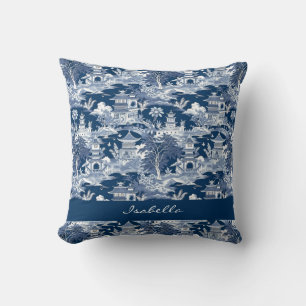 Coussin Chinoiserie Asiatique Paysage Peinture Bleu Blanc