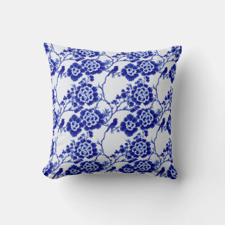 Coussin Chinoiserie Bleu Blanc Oiseau Floral Porcelaine As