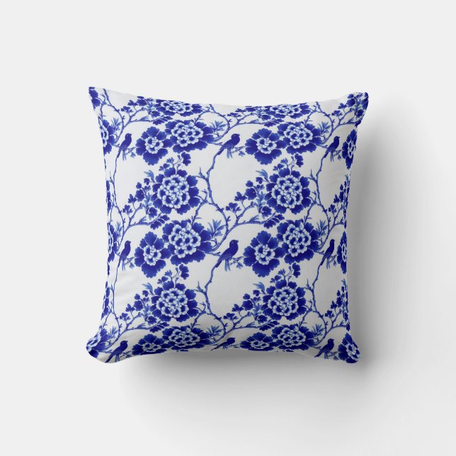 Coussin Chinoiserie Bleu Blanc Oiseau Floral Porcelaine As (Recto)