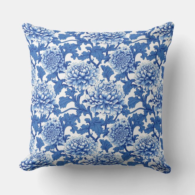 Coussin Chinoiserie bleu et blanc Peony Floral (Recto)