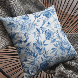 Coussin Chinoiserie Bleue Floral Botanique Aquarelle