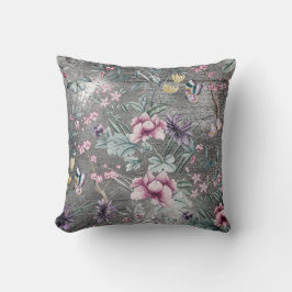 Coussin Chinoiserie bohème Turquoise Papillon gris Grungy