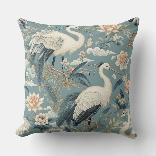 Coussin Chinoiserie Crane Blue and White (Recto)