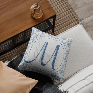 Coussin Chinoiserie Delft Blue Monogramme ・ Personnalisé
