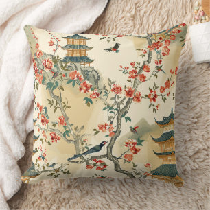 Coussin Chinoiserie Élégante - Pagodes, Fleurs et Oiseaux