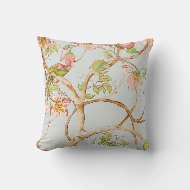 Coussin Chinoiserie Floral Dusty Blue Pink Peony Bird Tree (Recto)