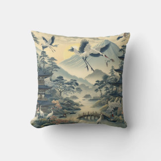 Coussin Chinoiserie Grue Oiseau Pagode Paysage Motif