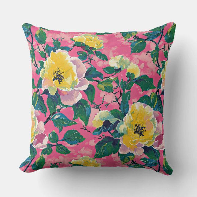 Coussin Chinoiserie impressionniste rose et jaune Floral (Recto)