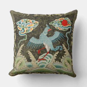 Coussin Chinoiserie Motif d'oiseau à la grue dorée et vagu
