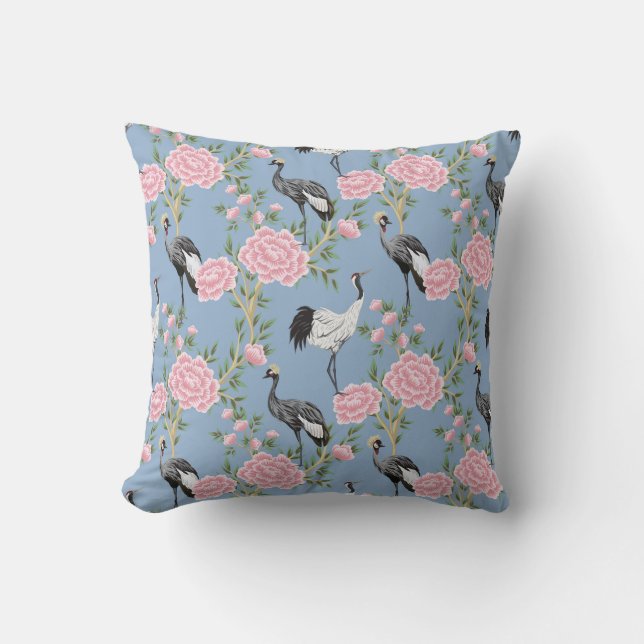 Coussin Chinoiserie oiseaux et fleurs périwinkle bleu (Recto)