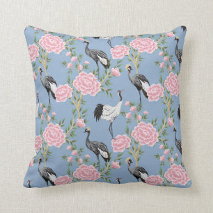 Coussin Chinoiserie oiseaux et fleurs périwinkle bleu