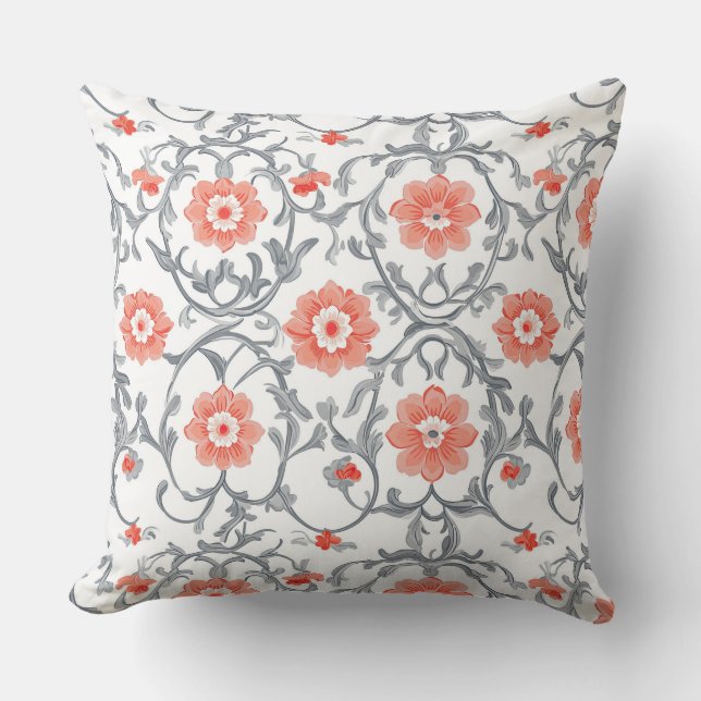 Coussin Chinoiserie orange et gris Floral (Recto)