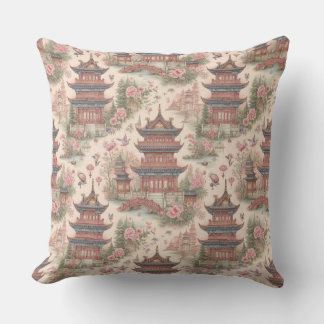 Coussin Chinoiserie Pagode Rose Aquarelle