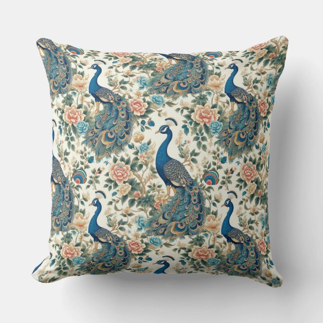 Coussin Chinoiserie Peacock Floral (Recto)