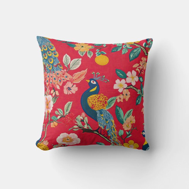 Coussin Chinoiserie Peacock Naif Floral (Recto)