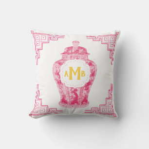 Coussin Chinoiserie rose Ginger Jar Monogramme