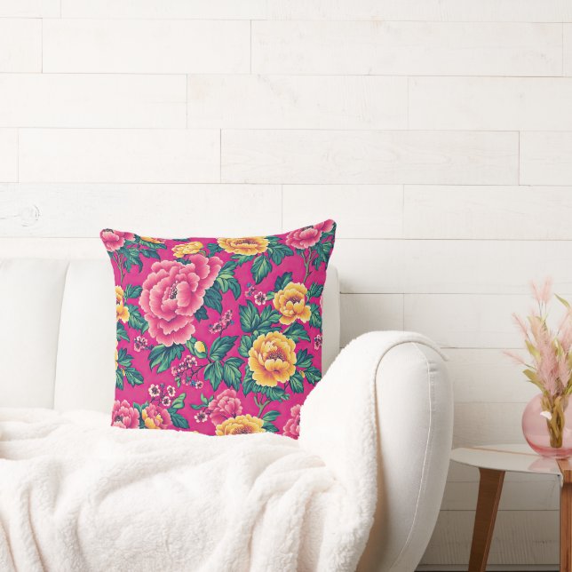 Coussin Chinoiserie rose vintage Grande florale (Canapé)