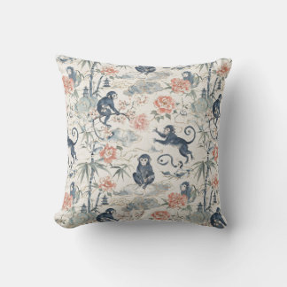 Coussin Chinoiserie Singe et Design Floral Pivoine