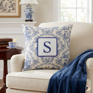 Coussin Chinoiserie Toile Monogramme Personnalisée Bleu et