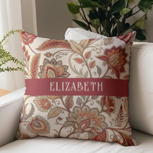 Coussin Chintz Floral Victorien Monogramme Nom Beige Rouil
