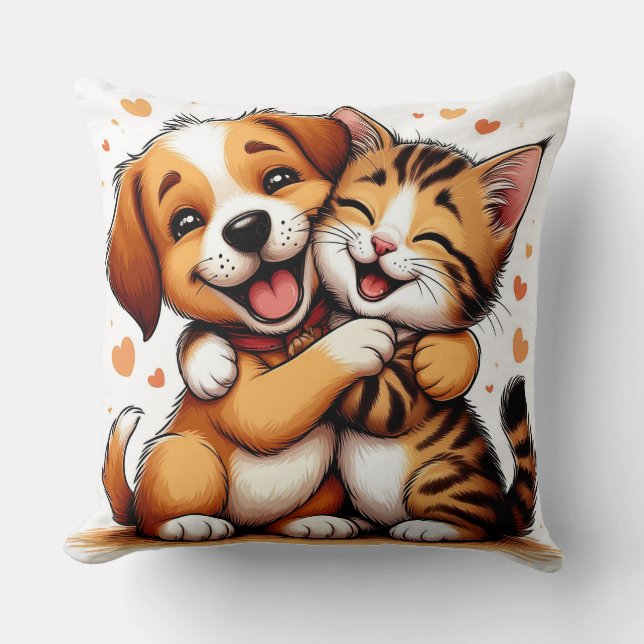 Coussin Chiot adorable et chaton accroché avec des sourire (Recto)