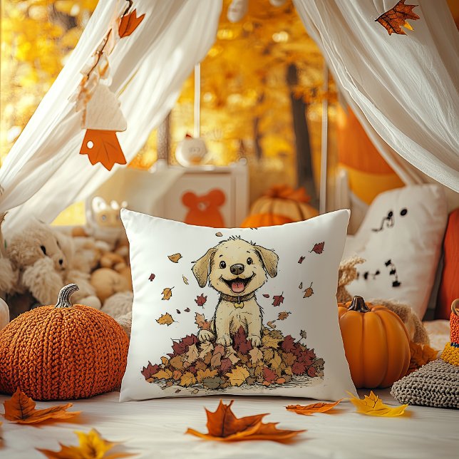 Coussin Chiot adorable qui joue en automne (Créateur téléchargé)