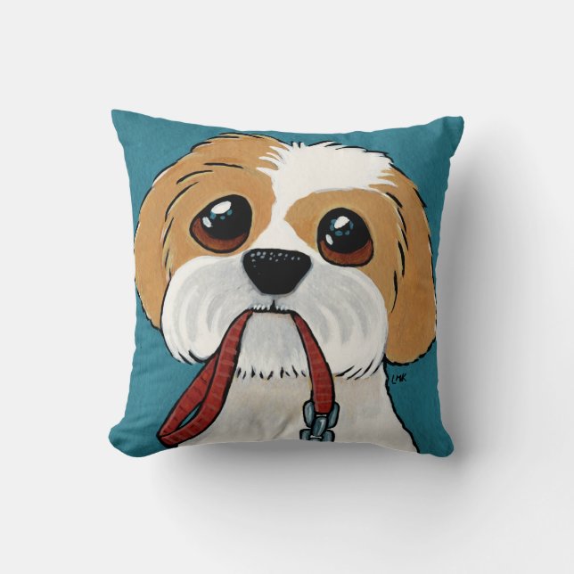 Coussin Chiot de Shih Tzu sur l'illustration bleue de (Recto)