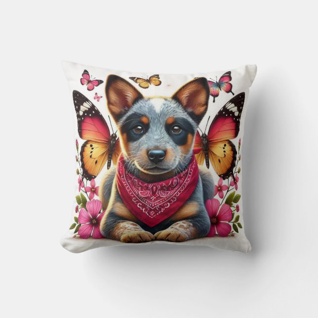 Coussin Chiot Heeler entouré de papillons et de fleurs (Recto)
