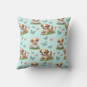 Coussin Chiots et papillons aquarelle bleu fantaisie