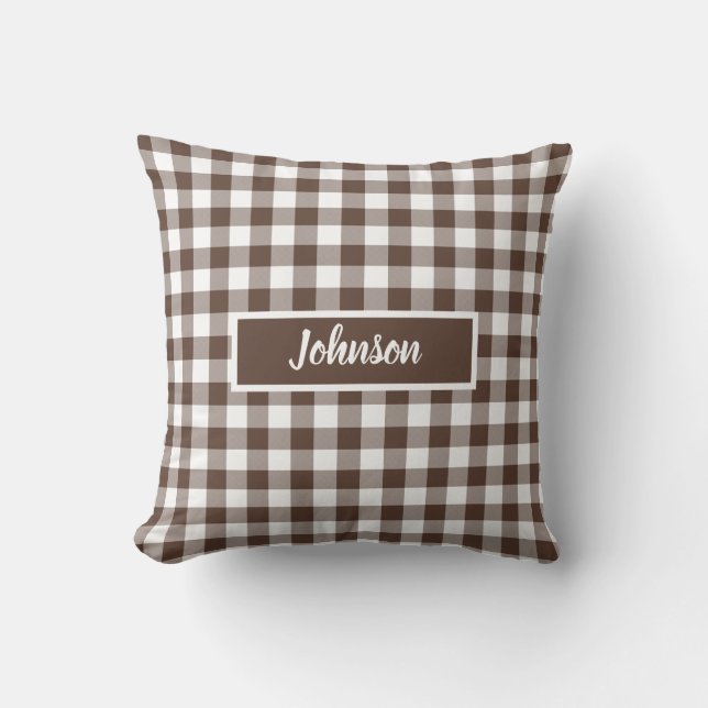 Coussin Chocolate Brown Plaid Gingham Customizable (Recto)