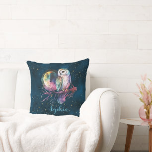 Coussin Chouette arc-en-ciel mystique et Pleine lune céles