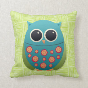 Coussin Chouette bleue et verte mignonne rouge sur un orei