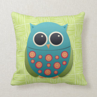 Coussin Chouette bleue et verte mignonne rouge sur un orei