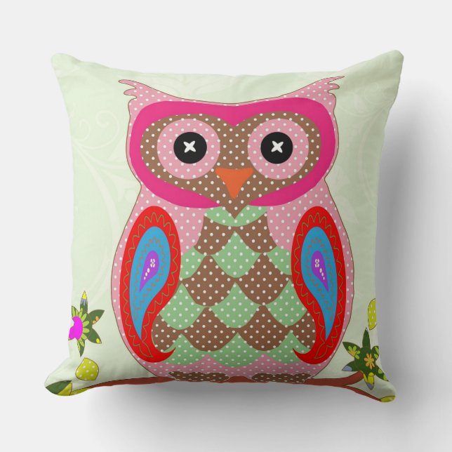 Coussin Chouette colorée Design 16 x 16 ronde (Recto)
