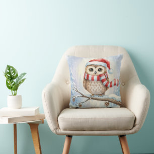 Coussin Chouette de Noël à l'aquarelle dans un chapeau de