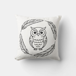 Coussin Chouette folklorique en ligne entourée de plumes