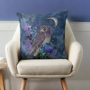 Coussin Chouette mauve mystique et lune sur bleu gris