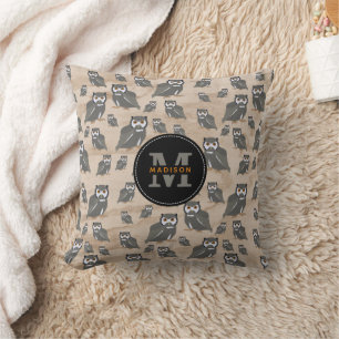 Coussin Chouette Motif & Monogramme rustique en bois