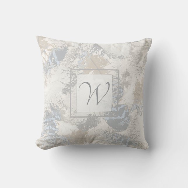 Coussin chouette Plumes, gris, beige et bleu, monogramme L (Recto)