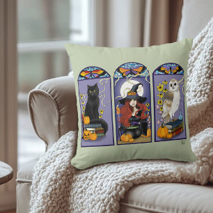 Coussin Chouette sorcière Art Nouveau Chat Halloween