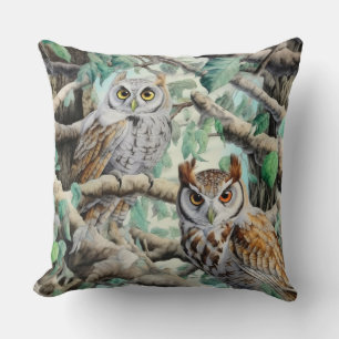 Coussin Chouettes aquarelles dans les arbres