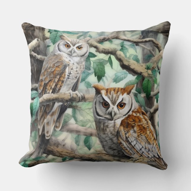 Coussin Chouettes aquarelles dans les arbres (Recto)