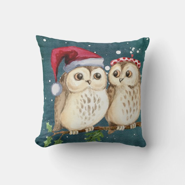 Coussin Chouettes Noël Soirée Père Noël Casquette rouge (Recto)
