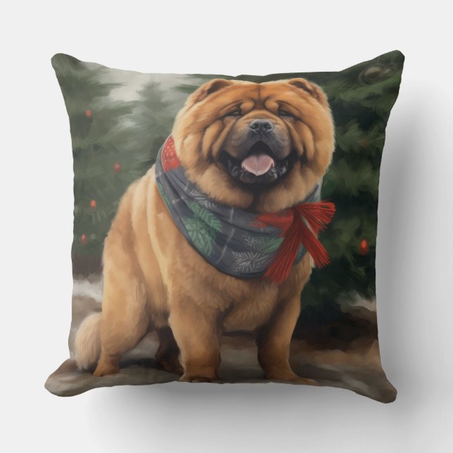 Coussin Chow Chow Chien de Noël en neige (Recto)
